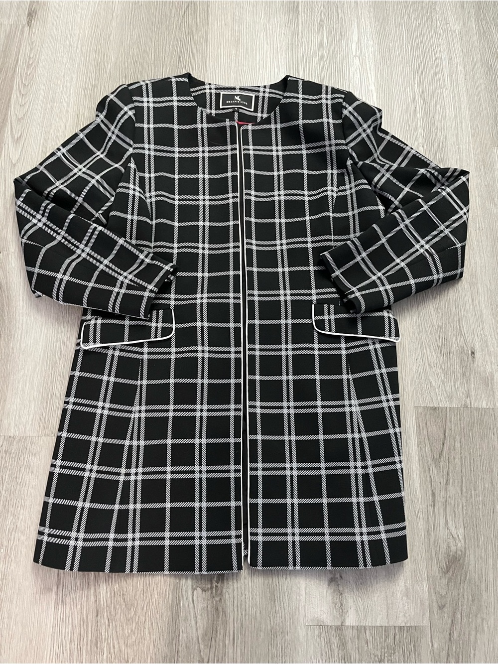 227–Black & White Windowpane Collarless Blazer Jacket - Women's